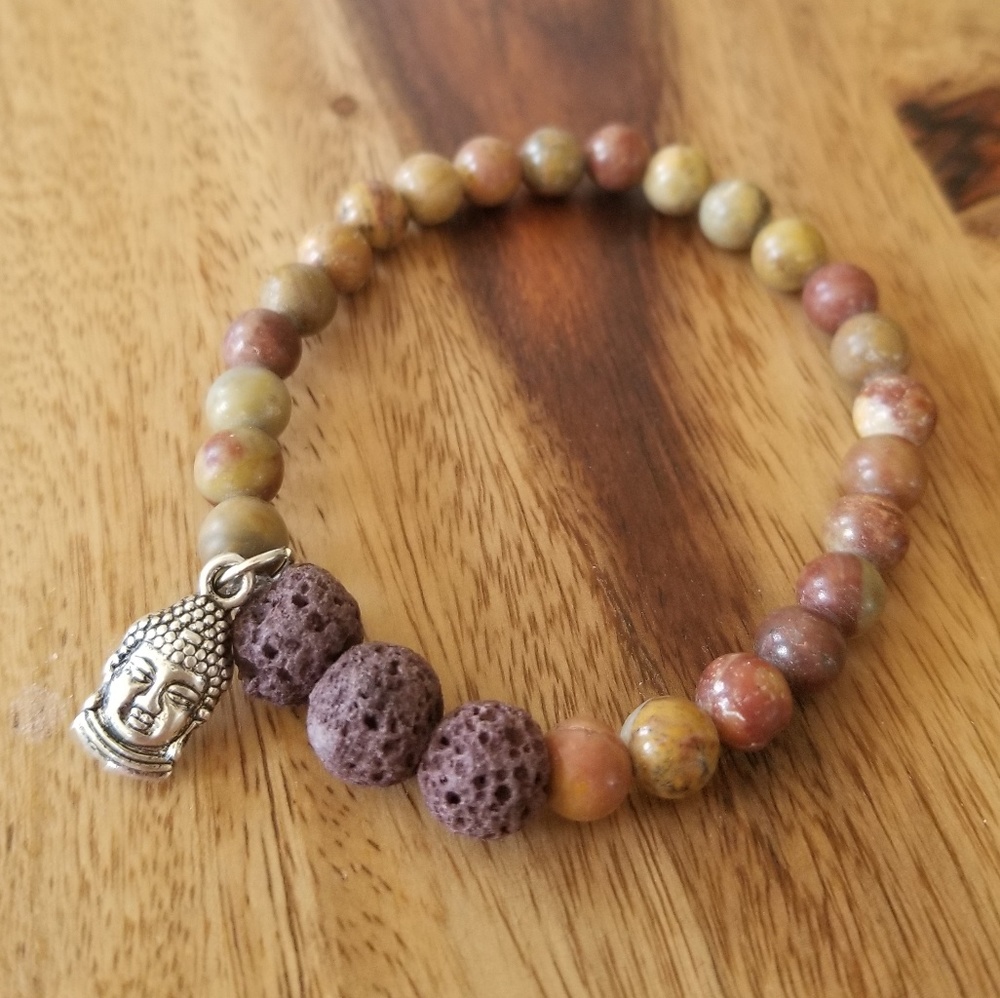 Chinese Rainbow Agate and Lavastone Buddha Bracele